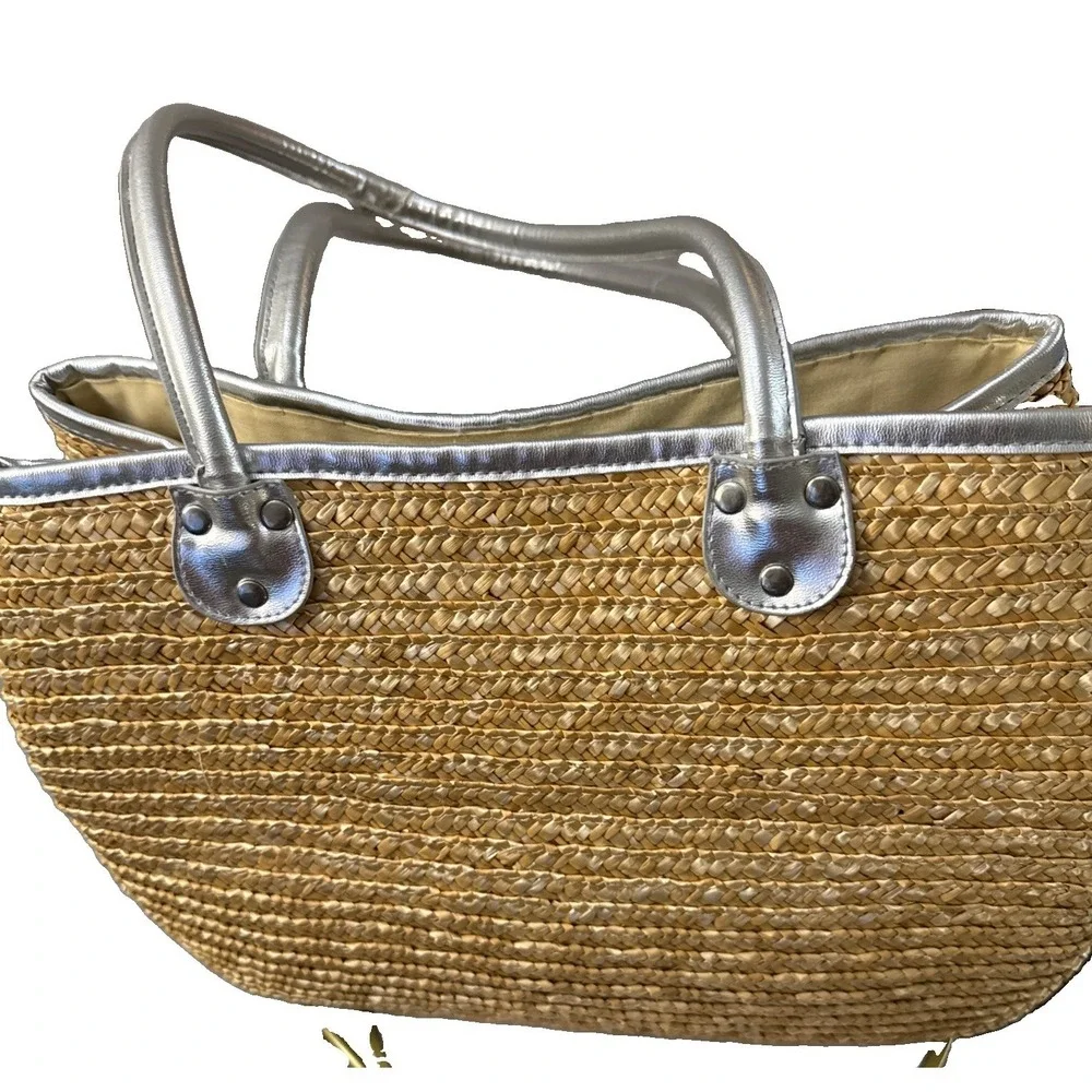 Hand Woven Straw Tote Handbag Beach Purse Silver  Trim Large Tote